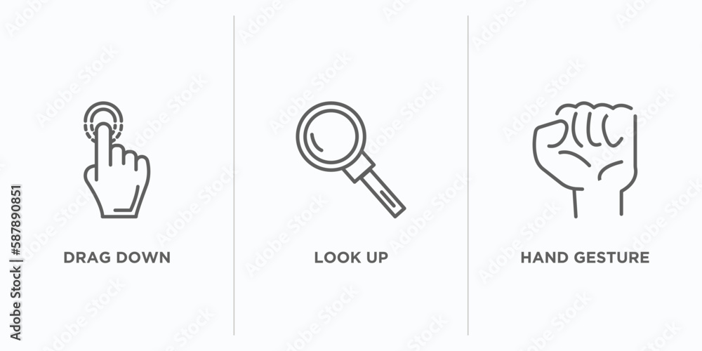 Aufkleber gestures collection. outline icons set. thin line icons such as drag down, look up, hand gesture vec