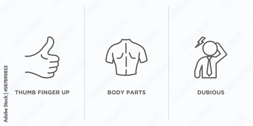 Poster gestures outline icons set. thin line icons such as thumb finger up, body parts, dubious vector. lin