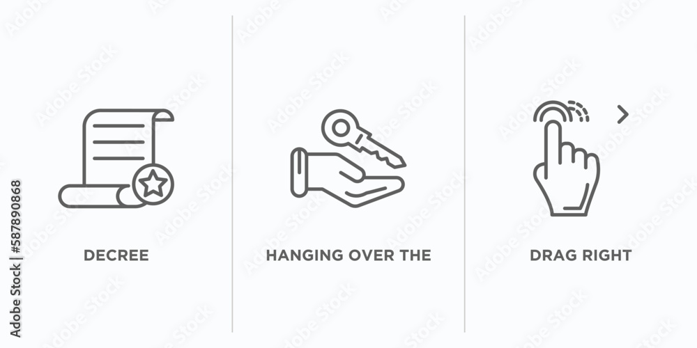Poster gestures outline icons set. thin line icons such as decree, hanging over the key, drag right vector.