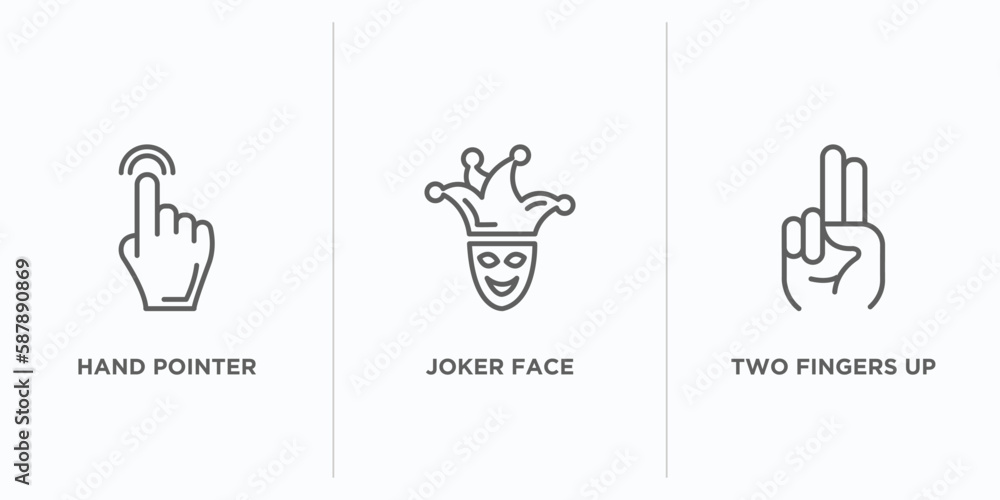 Poster gestures outline icons set. thin line icons such as hand pointer, joker face, two fingers up vector.