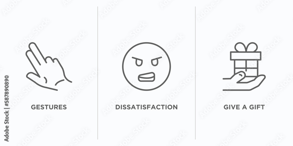 Poster gestures outline icons set. thin line icons such as gestures, dissatisfaction, give a gift vector. l