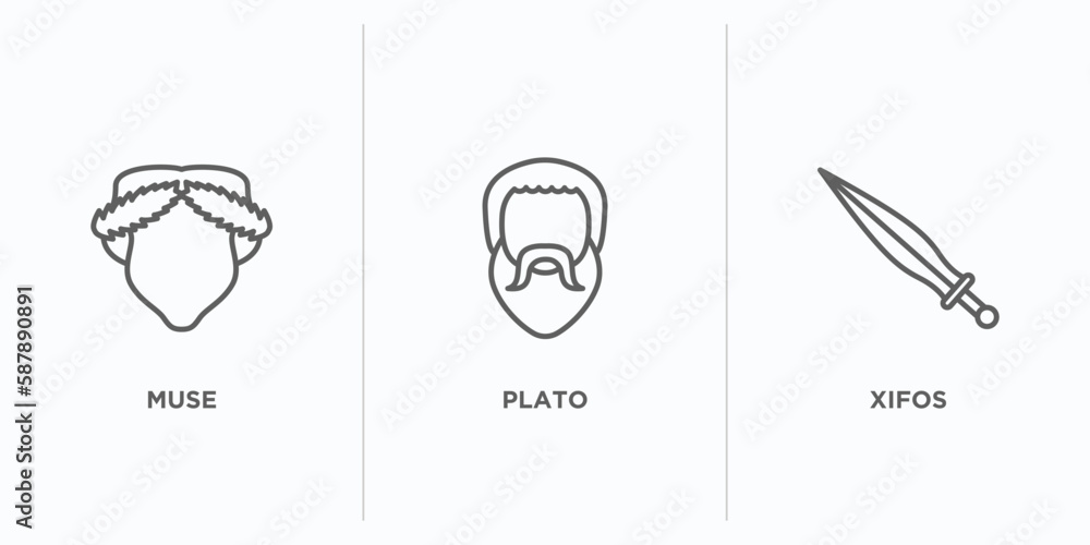 Poster greece outline icons set. thin line icons such as muse, plato, xifos vector. linear icon sheet can b