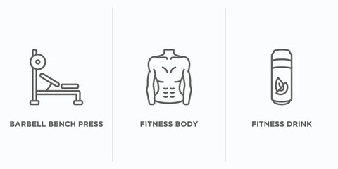 gym and fitness outline icons set. thin line icons such as barbell bench press, fitness body, fitness drink vector. linear icon sheet can be used web and mobile