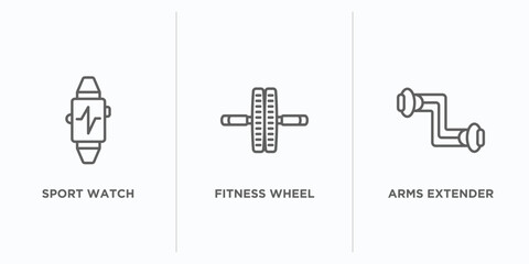 gym and fitness outline icons set. thin line icons such as sport watch, fitness wheel, arms extender vector. linear icon sheet can be used web and mobile