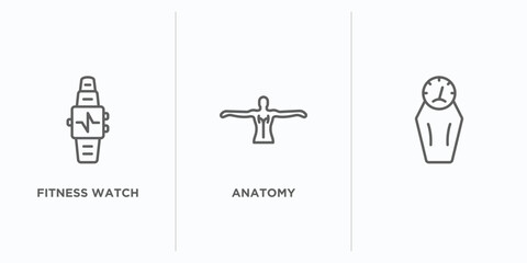 gym and fitness outline icons set. thin line icons such as fitness watch, anatomy, vector. linear icon sheet can be used web and mobile
