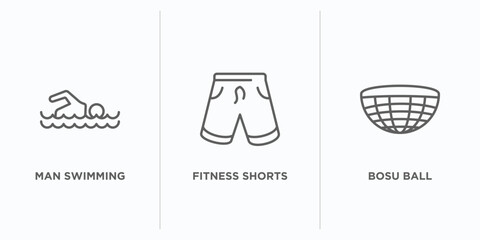 gym and fitness outline icons set. thin line icons such as man swimming, fitness shorts, bosu ball vector. linear icon sheet can be used web and mobile