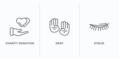 gestures outline icons set. thin line icons such as charity donation, deaf, eyelid vector. linear icon sheet can be used web and mobile