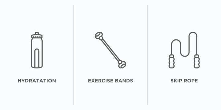 gym and fitness outline icons set. thin line icons such as hydratation, exercise bands, skip rope vector. linear icon sheet can be used web and mobile