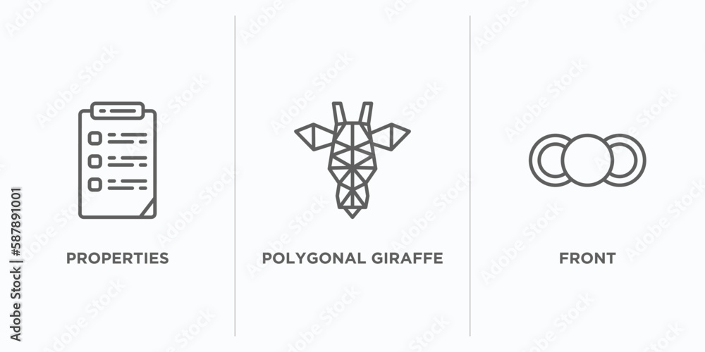 Poster geometry outline icons set. thin line icons such as properties, polygonal giraffe, front vector. lin