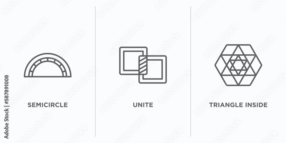 Poster geometric figure outline icons set. thin line icons such as semicircle, unite, triangle inside hexag