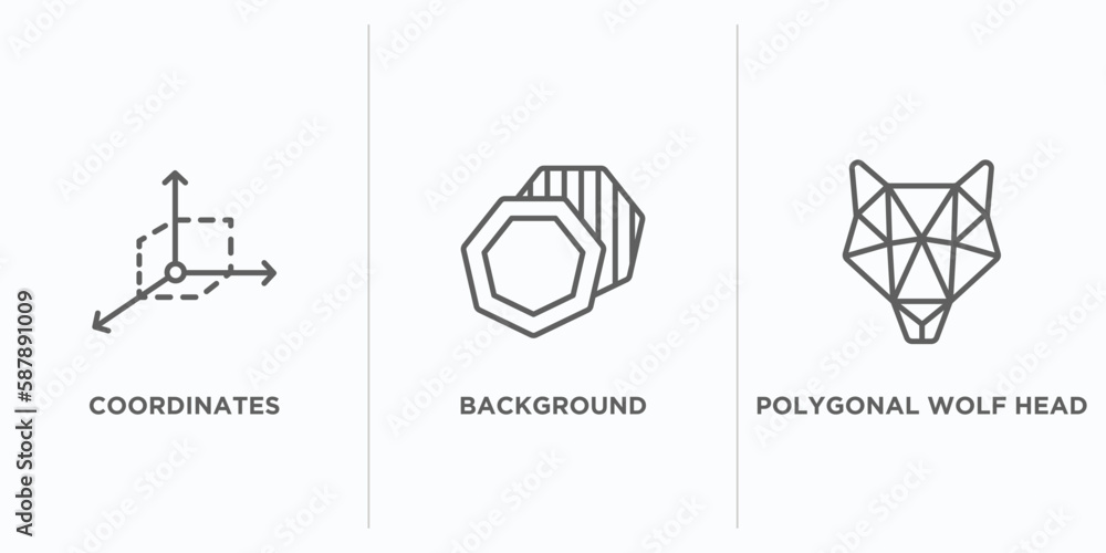 Poster geometric figure outline icons set. thin line icons such as coordinates, background, polygonal wolf 