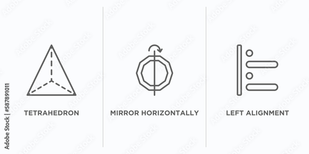 Poster geometric figure outline icons set. thin line icons such as tetrahedron, mirror horizontally, left a