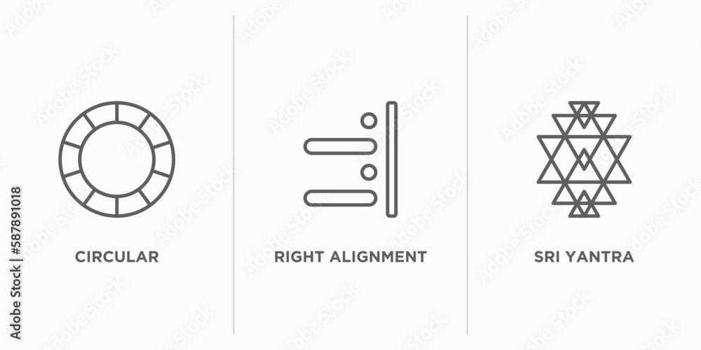 Poster geometric figure outline icons set. thin line icons such as circular, right alignment, sri yantra ve