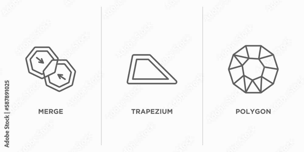 Poster geometric figure outline icons set. thin line icons such as merge, trapezium, polygon vector. linear
