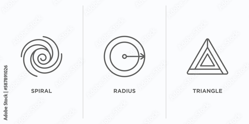 Poster geometric figure outline icons set. thin line icons such as spiral, radius, triangle vector. linear 