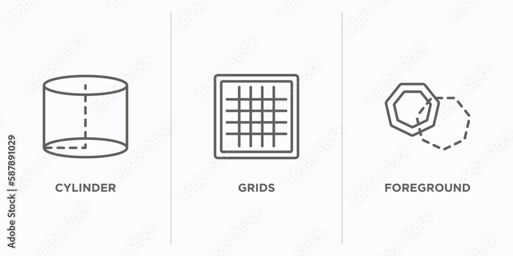 Poster geometric figure outline icons set. thin line icons such as cylinder, grids, foreground vector. line