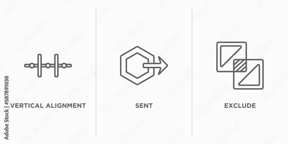 Poster geometric figure outline icons set. thin line icons such as vertical alignment, sent, exclude vector