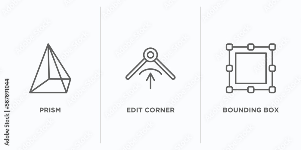 Poster geometric figure outline icons set. thin line icons such as prism, edit corner, bounding box vector.
