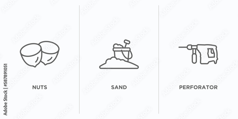 Poster general outline icons set. thin line icons such as nuts, sand, perforator vector. linear icon sheet 