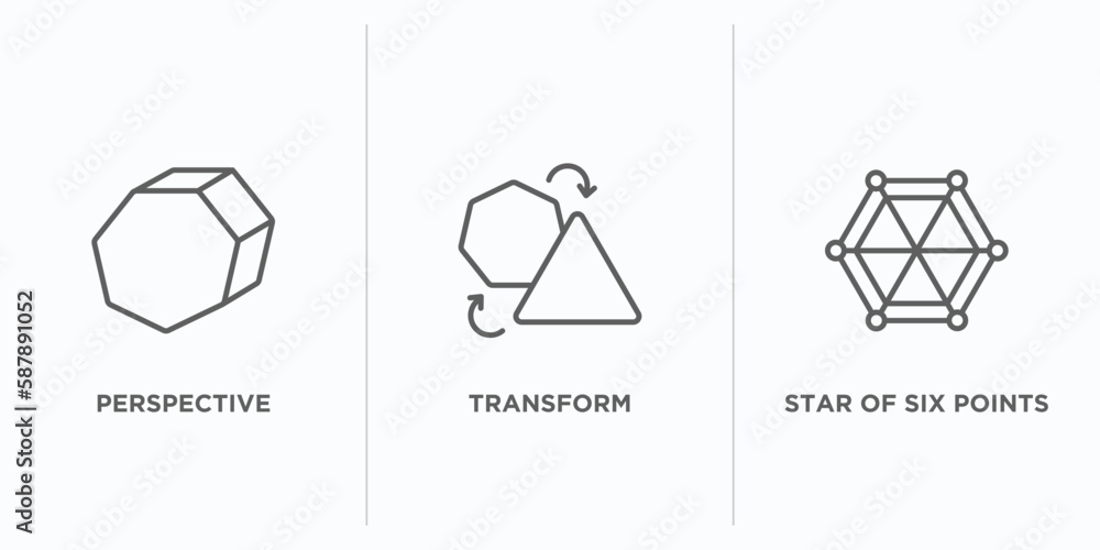 Poster geometric figure outline icons set. thin line icons such as perspective, transform, star of six poin