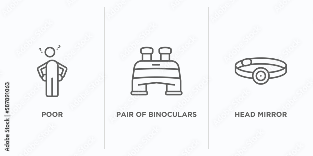 Poster general outline icons set. thin line icons such as poor, pair of binoculars, head mirror vector. lin