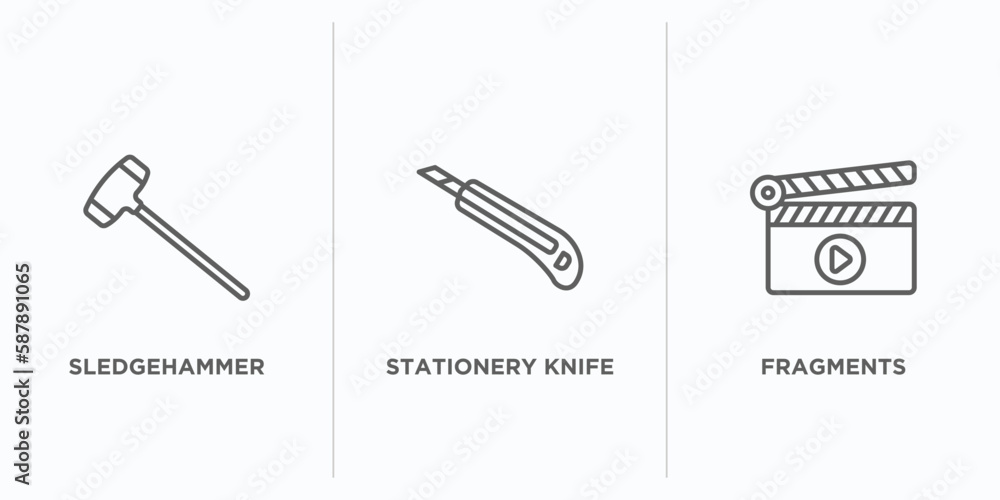Poster general outline icons set. thin line icons such as sledgehammer, stationery knife, fragments vector.
