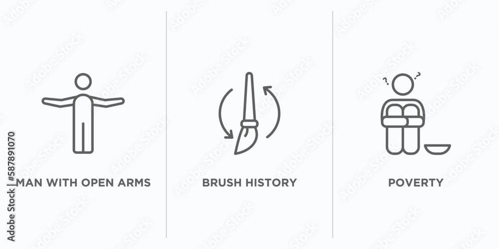 Poster general outline icons set. thin line icons such as man with open arms, brush history, poverty vector