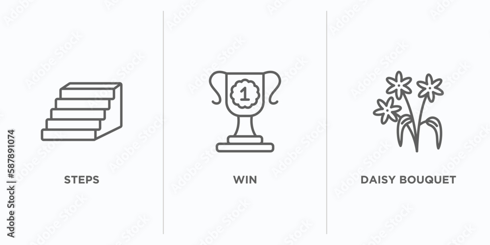 Poster general outline icons set. thin line icons such as steps, win, daisy bouquet vector. linear icon she