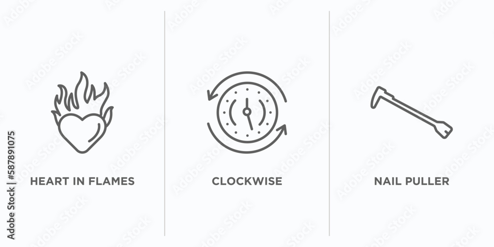 Poster general outline icons set. thin line icons such as heart in flames, clockwise, nail puller vector. l