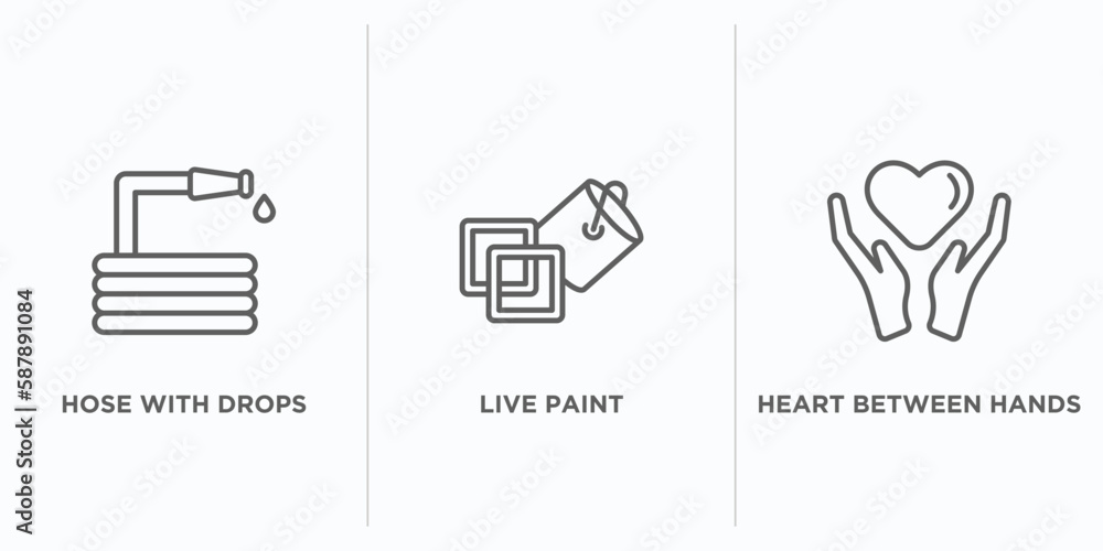 Poster general outline icons set. thin line icons such as hose with drops, live paint, heart between hands 