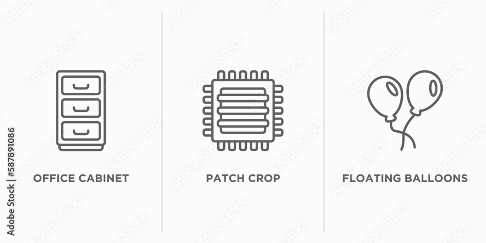 Poster general outline icons set. thin line icons such as office cabinet, patch crop, floating balloons vec