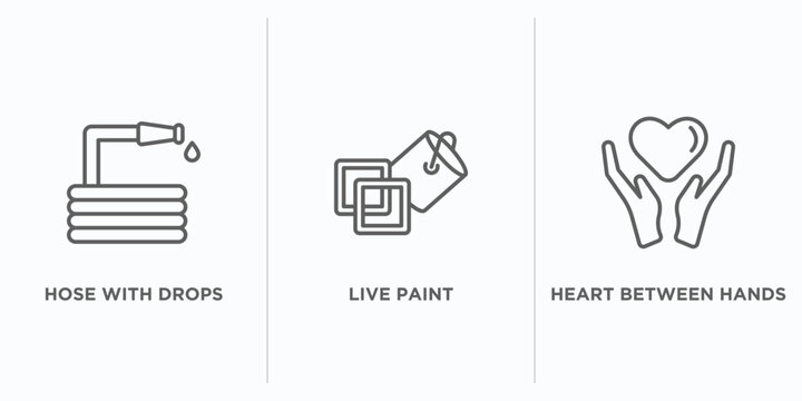 general outline icons set. thin line icons such as hose with drops, live paint, heart between hands vector. linear icon sheet can be used web and mobile