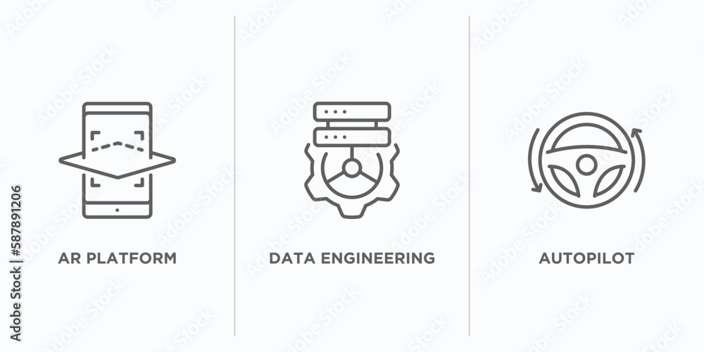 Poster general outline icons set. thin line icons such as ar platform, data engineering, autopilot vector. 