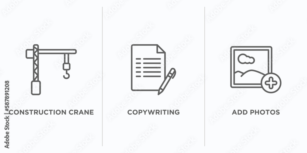 Poster general outline icons set. thin line icons such as construction crane, copywriting, add photos vecto