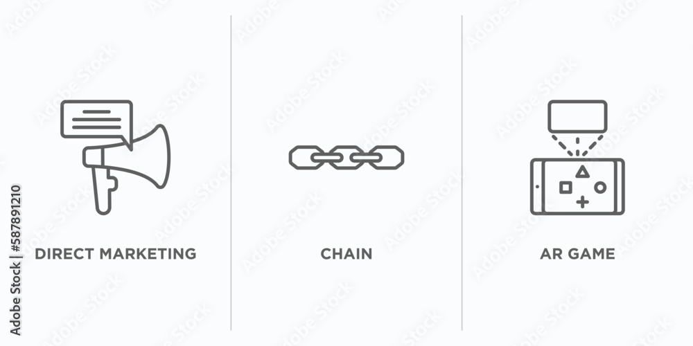 Poster general outline icons set. thin line icons such as direct marketing, chain, ar game vector. linear i