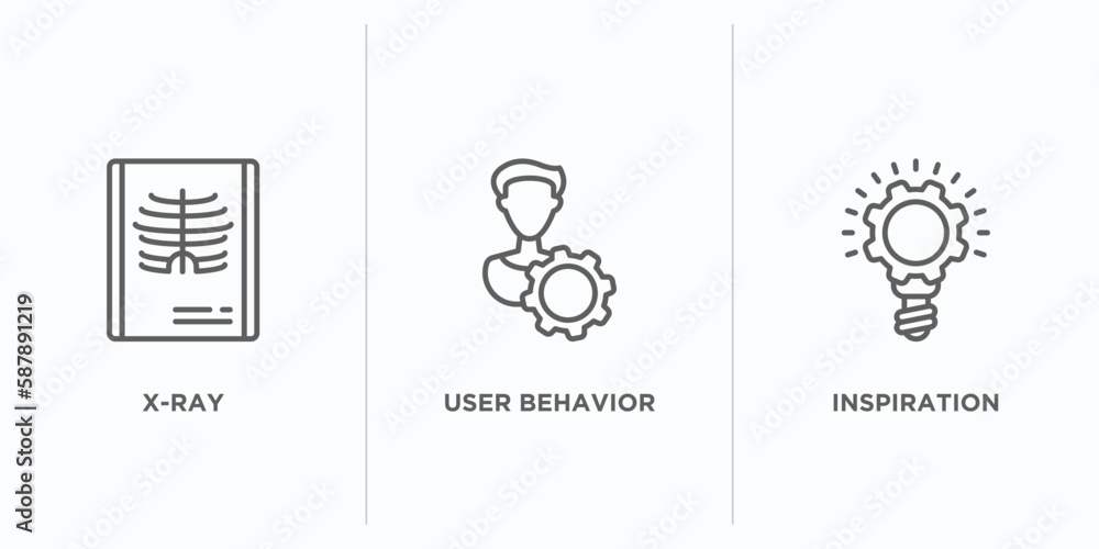Poster general outline icons set. thin line icons such as x-ray, user behavior, inspiration vector. linear 