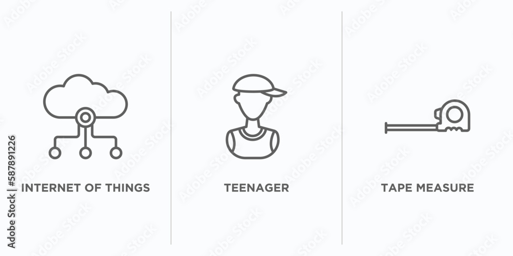 Poster general outline icons set. thin line icons such as internet of things, teenager, tape measure vector