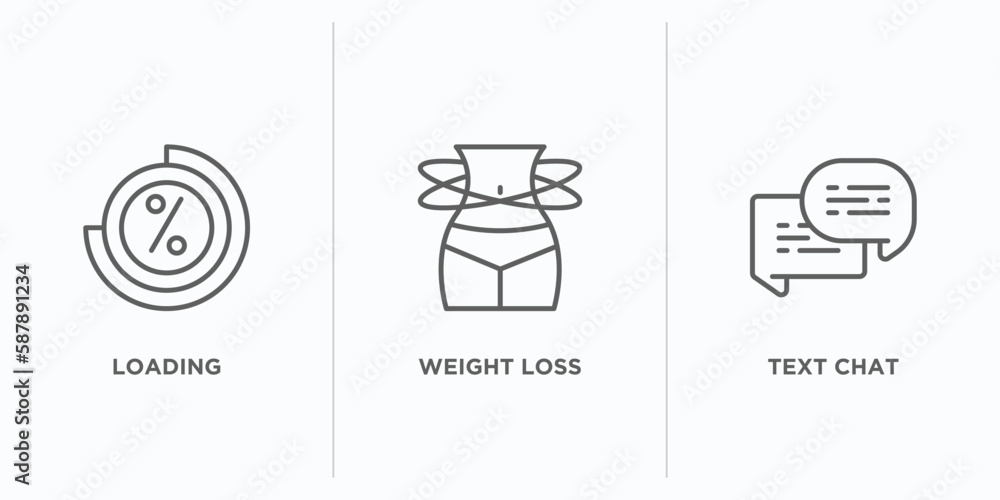 Poster general outline icons set. thin line icons such as loading, weight loss, text chat vector. linear ic