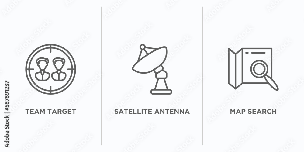 Poster general outline icons set. thin line icons such as team target, satellite antenna, map search vector