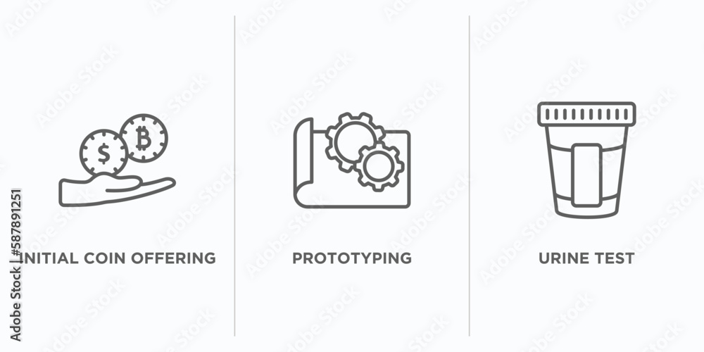 Poster general outline icons set. thin line icons such as initial coin offering, prototyping, urine test ve