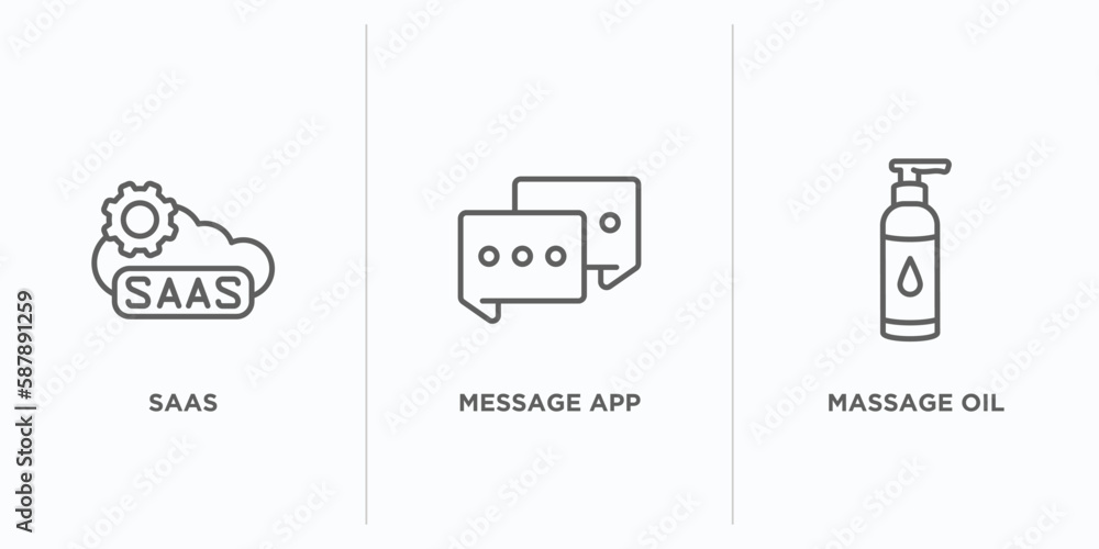 Poster general outline icons set. thin line icons such as saas, message app, massage oil vector. linear ico