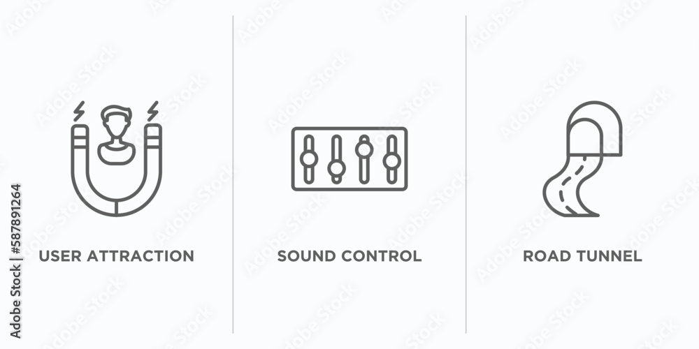 Poster general outline icons set. thin line icons such as user attraction, sound control, road tunnel vecto