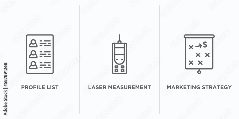 Aufkleber general outline icons set. thin line icons such as profile list, laser measurement, marketing strate