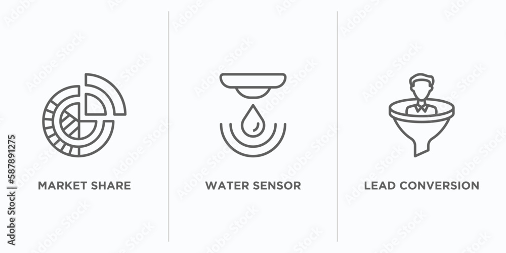 Poster general outline icons set. thin line icons such as market share, water sensor, lead conversion vecto