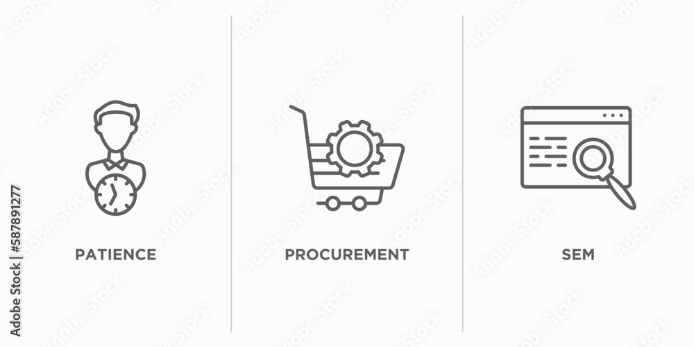 Poster general outline icons set. thin line icons such as patience, procurement, sem vector. linear icon sh