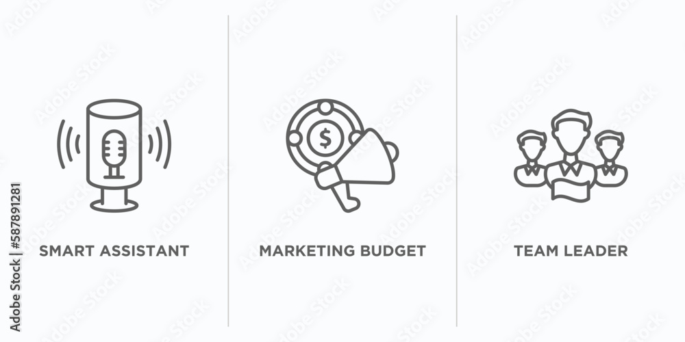 Poster general outline icons set. thin line icons such as smart assistant, marketing budget, team leader ve