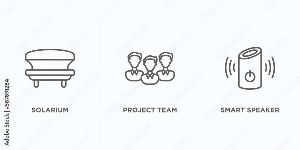 Poster general outline icons set. thin line icons such as solarium, project team, smart speaker vector. lin