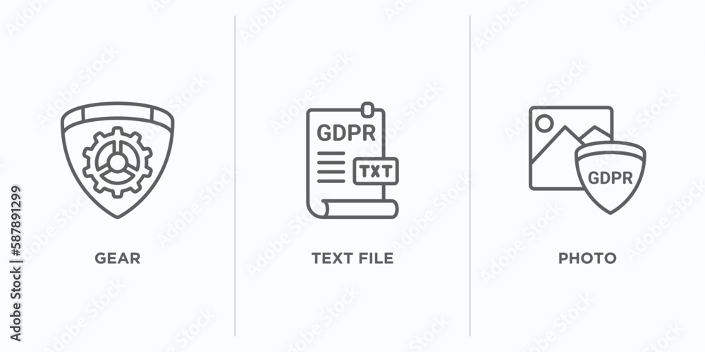 Poster gdpr outline icons set. thin line icons such as gear, text file, photo vector. linear icon sheet can