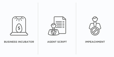 general outline icons set. thin line icons such as business incubator, agent script, impeachment vector. linear icon sheet can be used web and mobile
