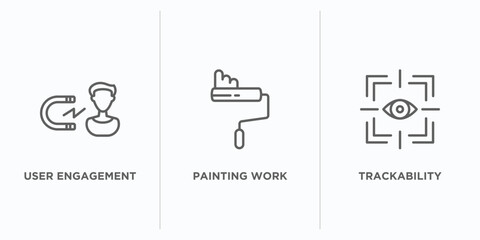 general outline icons set. thin line icons such as user engagement, painting work, trackability vector. linear icon sheet can be used web and mobile